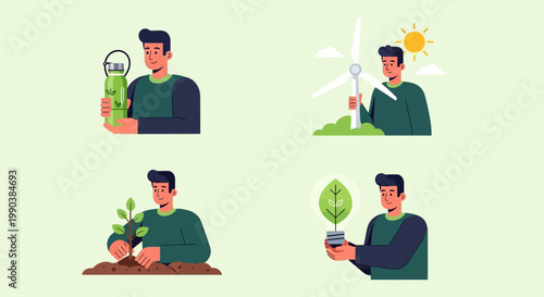 Set of illustrations depicting a man involved in eco friendly activities.