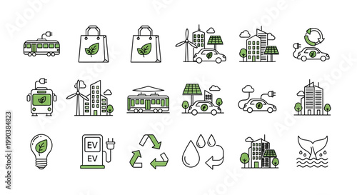 Set of Hand Drawn Green Energy and Sustainability Line Icons.