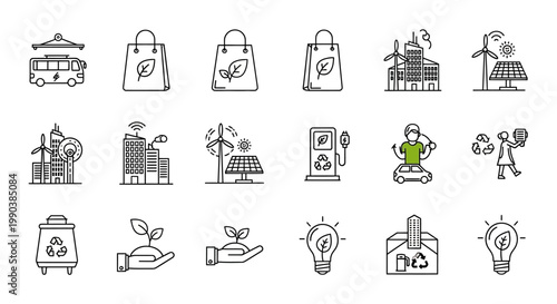 Set of hand drawn doodle icons representing eco friendly and sustainable living concepts.