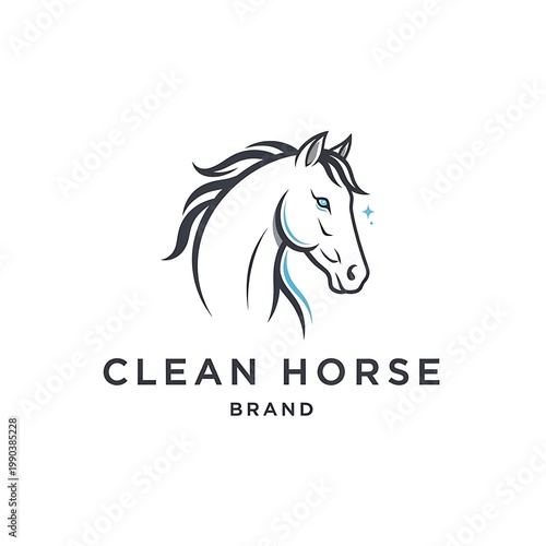 Modern minimalist horse head logo illustration with blue eyes and a subtle sparkle
