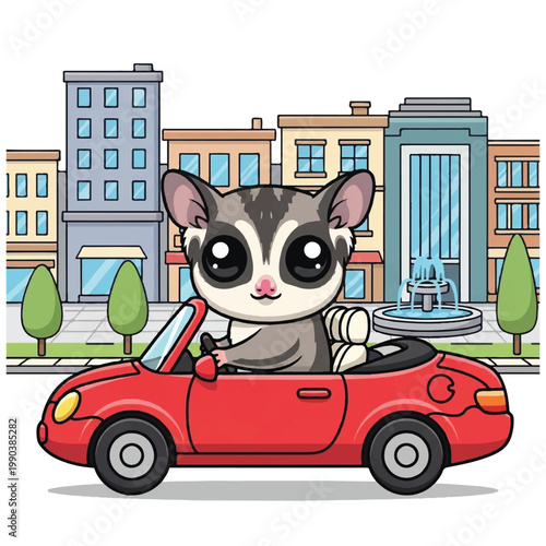 Cute sugar glider driving a red convertible car.
