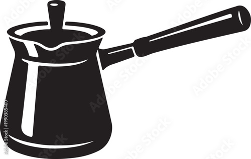 Black silhouette of a traditional turkish coffee pot with a long handle and lid, isolated on white cezve