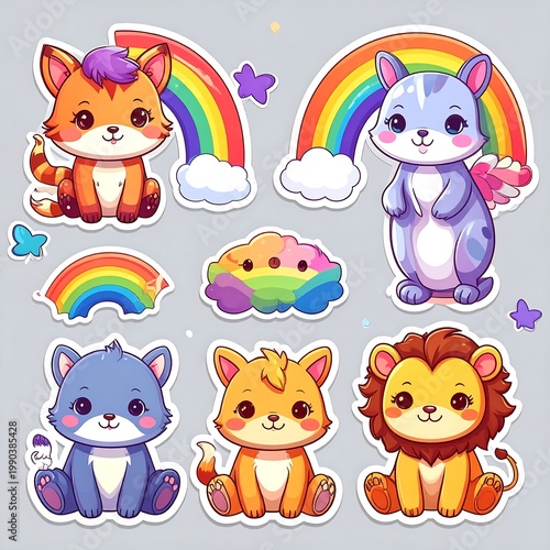 Adorable cartoon animals with colorful rainbows and fluffy clouds