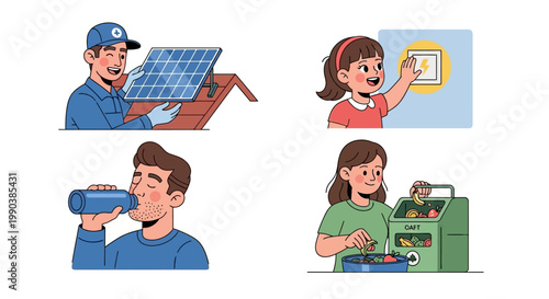 Set of illustrations depicting sustainable and eco-friendly lifestyle choices.