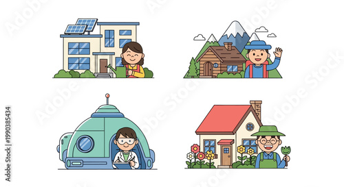 Set of cartoon characters in diverse living environments and modern houses.