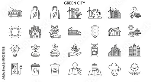 Set of hand drawn green city eco friendly icons.