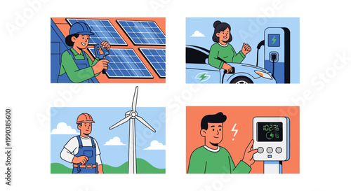 Set of illustrations depicting sustainable energy and eco friendly lifestyle practices.