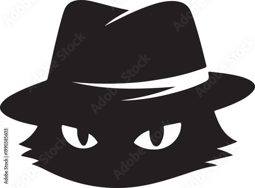 Mysterious black cat wearing a fedora hat, with glowing yellow eyes, conveying intrigue and secrecy feline