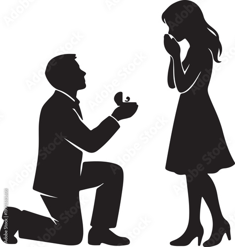 Silhouette of a man proposing marriage on one knee, offering a ring to a surprised woman proposal engagement