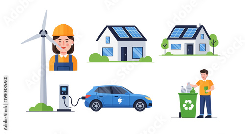 Set of sustainable lifestyle and renewable energy icons with characters and objects.
