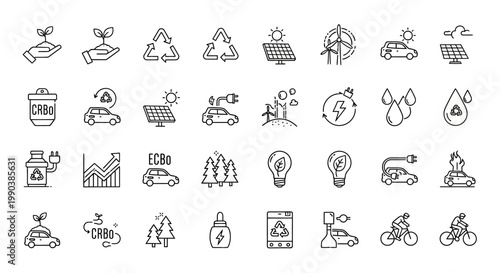 Set of hand drawn ecology and environmental conservation icons.