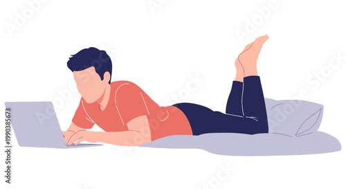 Young man lying on his stomach using a laptop in a relaxed position, flat vector illustration