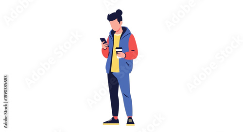 Modern Young Man Using Smartphone and Holding Coffee Cup Vector Illustration