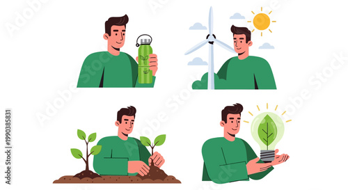 Set of illustrations featuring a man participating in various environmental and eco-friendly activities.