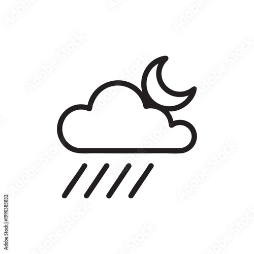 A simple line drawing depicts a rainy night scene with a crescent moon shining through a cloud, symbolizing weather forecast and nighttime atmosphere with rain falling.