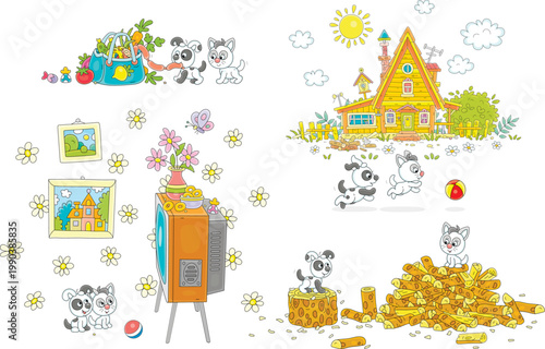 Little kitten and puppy filching sausages from a shopping bag, playing a ball near a village house, watching a retro TV set, romping on a pile of firewood in a yard, a set of vector cartoons