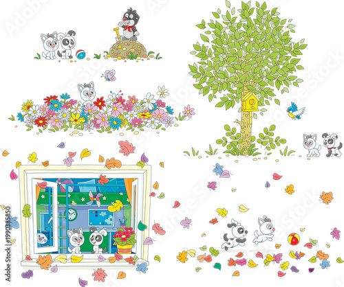 Little kitten and puppy watching a small bird in a garden, talking to a mole, enjoying summer flowers and playing among autumn leaves, a set of vector cartoon illustrations