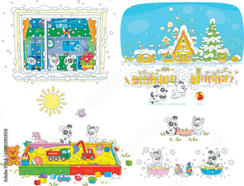 Little kitten and puppy watching falling snow through a window, running along a fence in a winter village, playing in a sandbox with toys, washing in basins after a walk, a set of vector cartoons