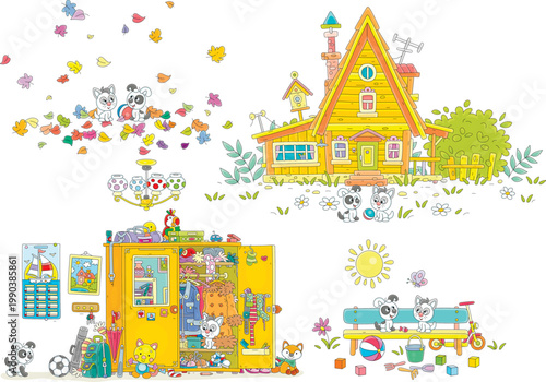 Little kitten and puppy watching falling autumn leaves, walking near a village house, sitting on a bench on a playground, playing hide and seek in an old wardrobe, a set of vector cartoon cliparts