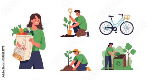 Set of illustrations depicting people engaged in sustainable living and eco friendly activities.