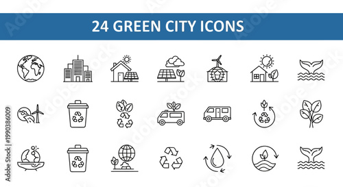 Collection of 24 linear green city and sustainable development icons.