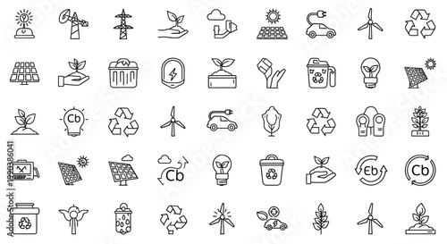 Set of Hand Drawn Sustainable Energy and Ecology Icons.