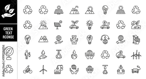 Set of hand drawn green energy and environment doodle icons.