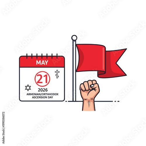 A cartoon illustration of a clenched fist holding a red flag next to a calendar marking Ascension Day.