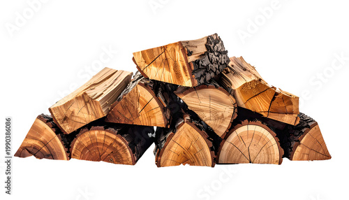 A close-up shot of a neatly stacked pile of wood logs, showcasing the textures of the bark and inner wood grains