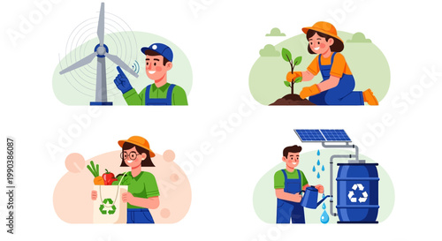 Set of illustrations depicting diverse environmental and eco friendly activities.