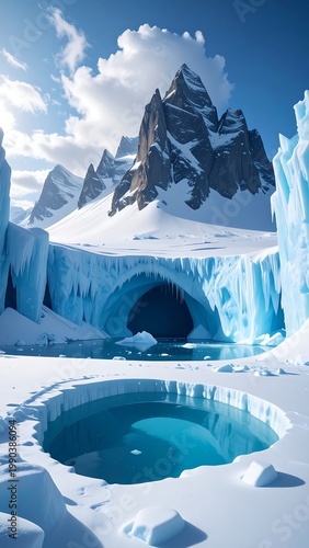 An icy landscape features snow-covered mountains under a bright sky. A large glacier with blue ice walls surrounds a frigid lake