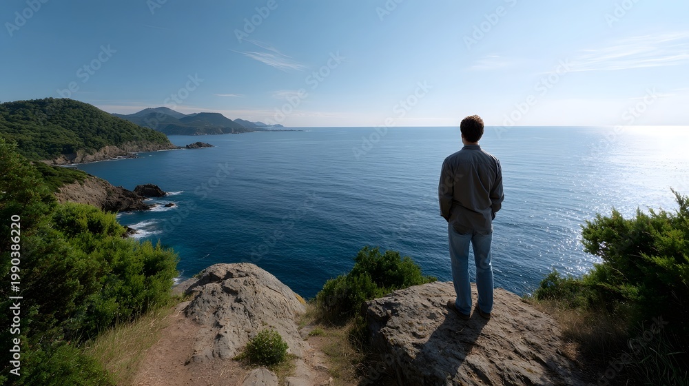 Fototapeta premium A lone figure stands on a rocky bluff gazing out over the vast deep blue expanse of the ocean under a clear sky