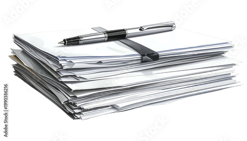 Illustration features a stack of white papers bound with a black band, topped with a silver pen. Papers appear textured and slightly angled