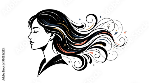 Artistic Woman Profile with Extremely Long Intricate Flowing Hair Design on isolated white background