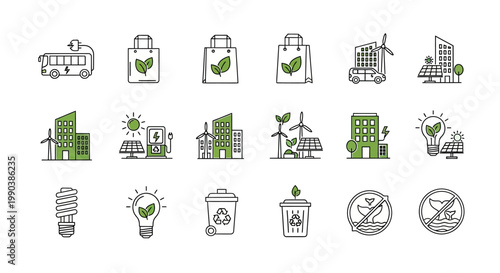 Set of hand drawn green energy and eco friendly icons.