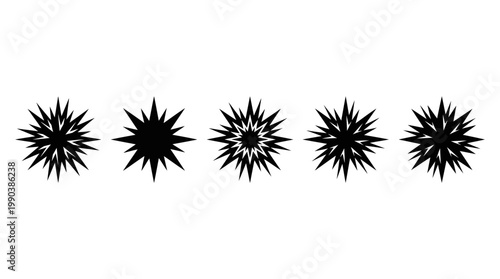 Six Black Spiky Star Rating Icons on isolated white background