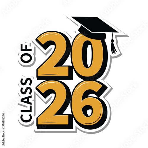 Class of 2026 Gold Typography Graduation Cap Sticker Vector
