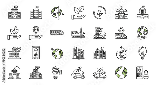Set of environmental and sustainability doodle icons for eco-friendly business and green technology.