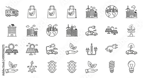 Collection of hand drawn eco friendly energy and sustainable living icons.