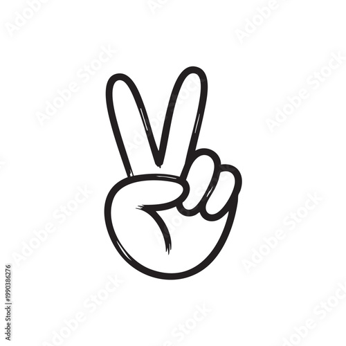 A hand gesture of peace with two fingers raised in a sign of love and harmony in a simple line drawing style on a neutral background.