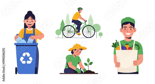 Diverse Group of People Practicing Eco Friendly Sustainable Lifestyle Habits.