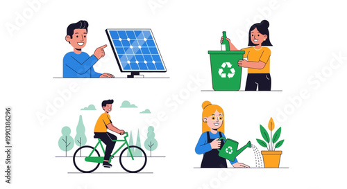 Set of illustrations depicting eco-friendly lifestyle habits and sustainable living actions.