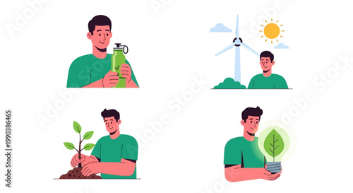 Set of illustrations featuring a man participating in eco friendly and sustainable activities.
