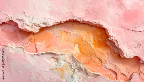 Close-up of layered, cracked surface showing textured depths, varied pinks and oranges creating an abstract visual