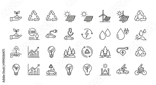 Collection of hand drawn eco friendly and sustainable living line icons.