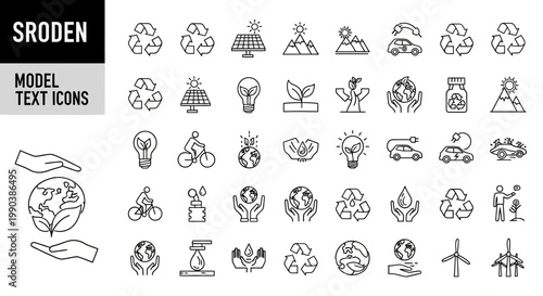 Set of environmental and sustainability hand drawn line art icons.