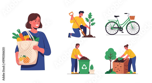 Set of illustrations depicting eco-friendly lifestyle and environmental conservation actions.