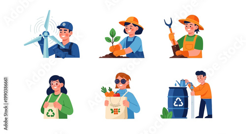 Set of people characters engaging in eco friendly activities and environmental sustainability.