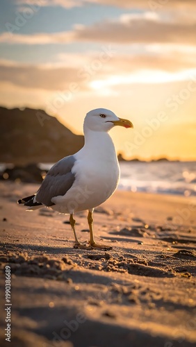 White Seagull Standing On Sandy Beach At Sunset Golden Hour Lighting With Ocean Waves And Cloudy Background