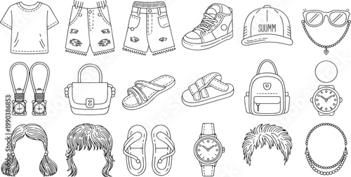 Clothing and lifestyle accessories depicted as a detailed line art set feature casual shirts, shorts, sneakers, backpacks, and various fashion items for daily wear.